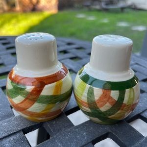 Vintage Metlox Gingham Vernonware Salt and Pepper Shakers Green & Yellow Plaid